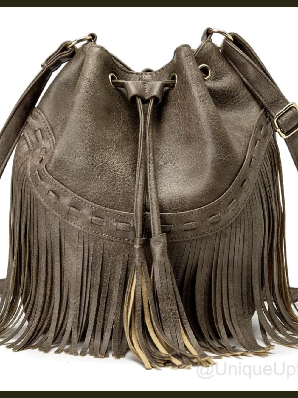 Boho Fringe Bucket Bag PU Leather Drawstring Crossbody Shoulder Purse